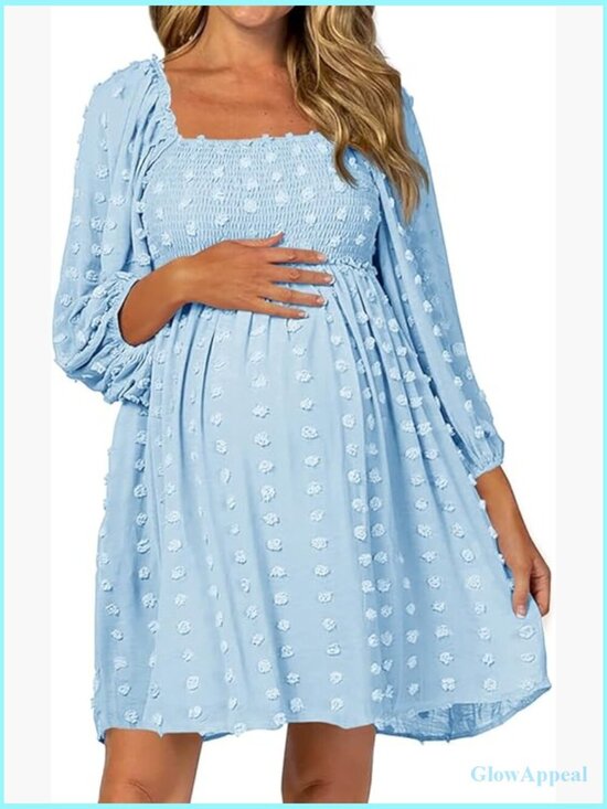Dresses & Skirts - Long Sleeve Maternity Dress Square Neck Swiss Dot Casual Loose Mini